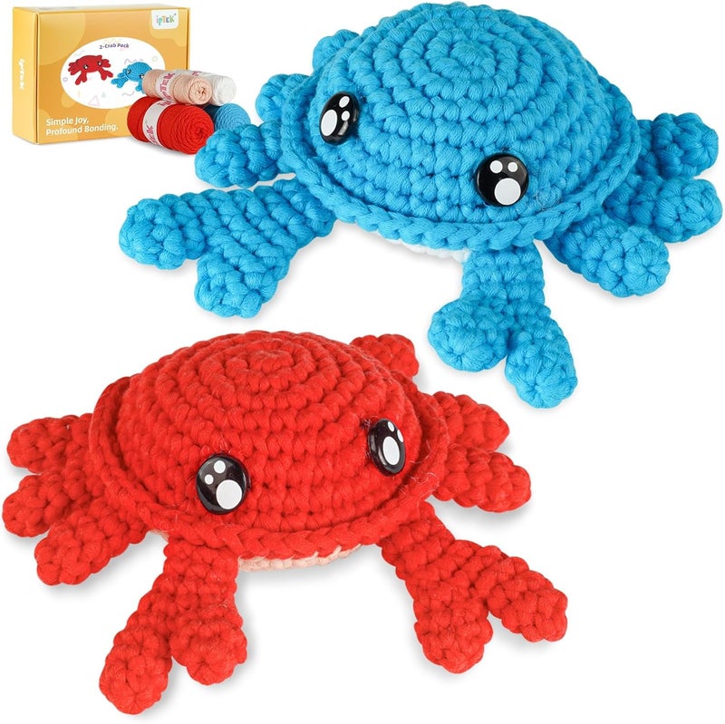 IPTEK Crochet Kit for Beginners, Learn to Crochet, Include Easy Knitting Soft Yarn, Step-by-Step Video Tutorial, Hook, Holiday Birthday Gift for Adults and Kids(2 Pack Crab) - Image 1